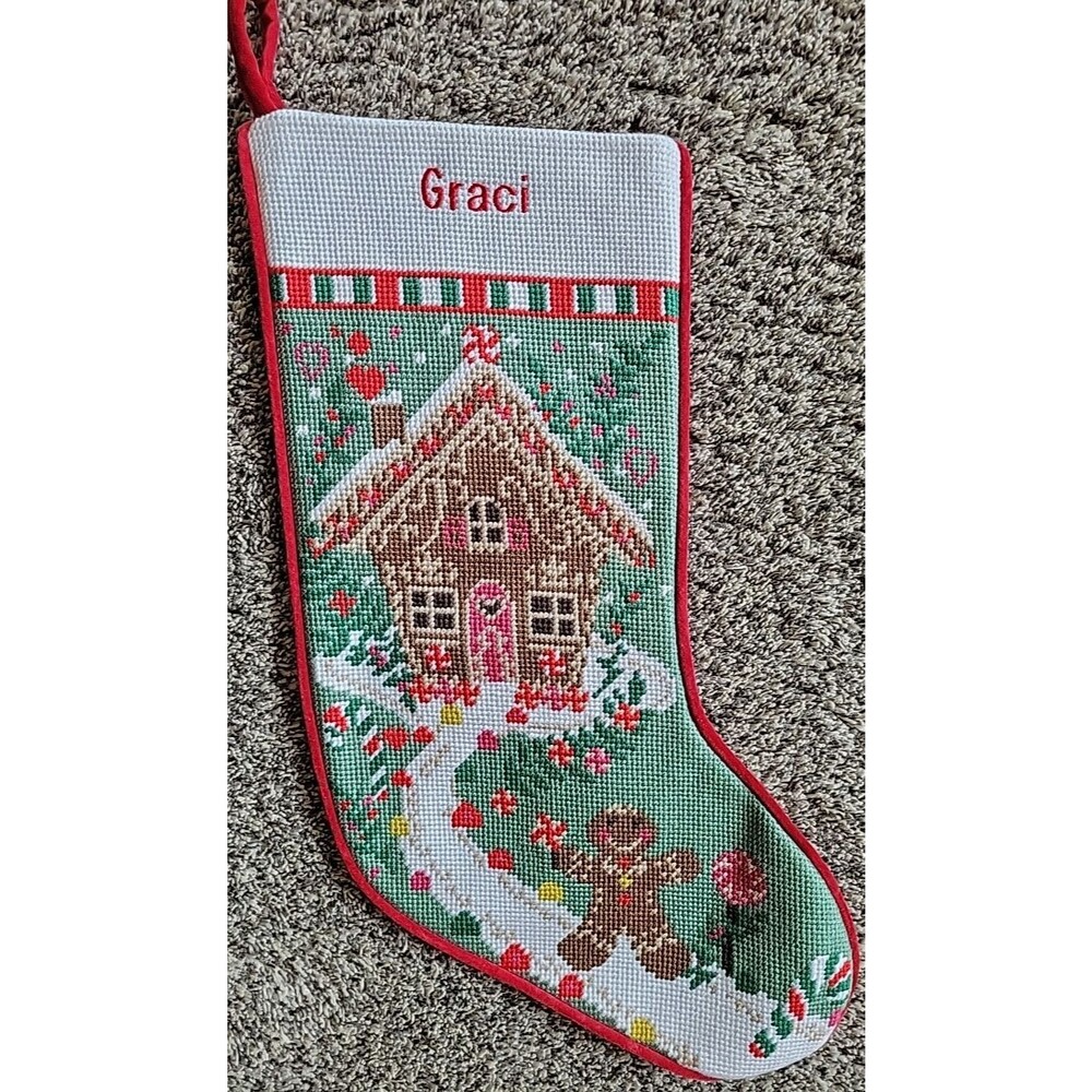 Lands' End  Christmas Stocking Graci monogram Red Gingerbread House C6